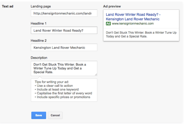 Google Ads campaign specs filled out