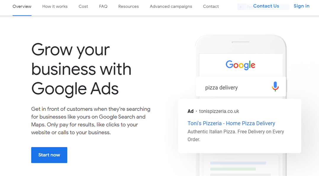 Google Ads landing page