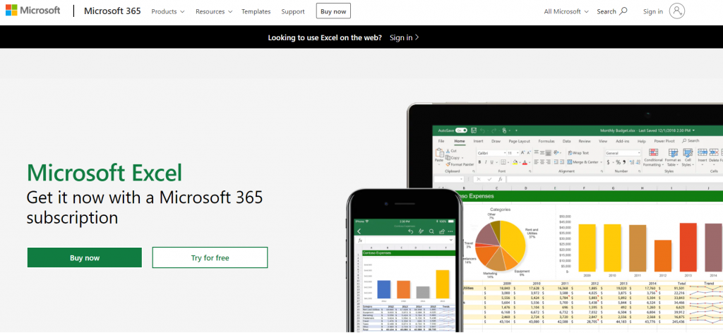 Image of Excel homepage