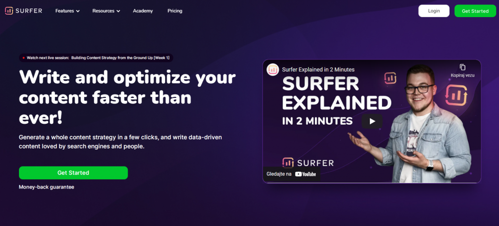 SurferSEO homepage